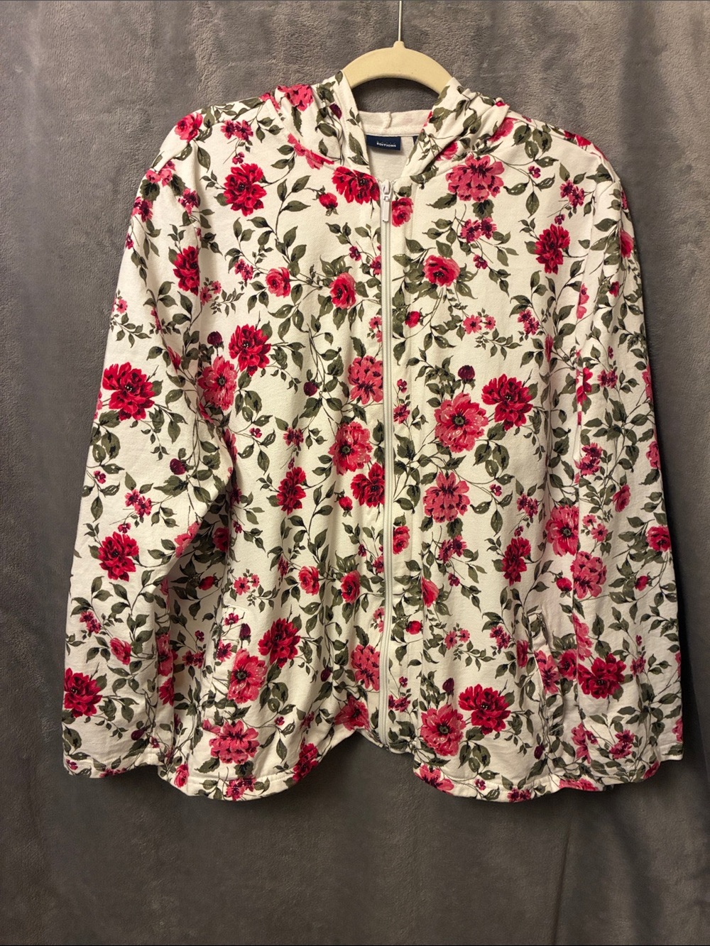 Basic Editions Cream Hooded Bomber Jacket with Pink Floral Print. XXL. EUC.